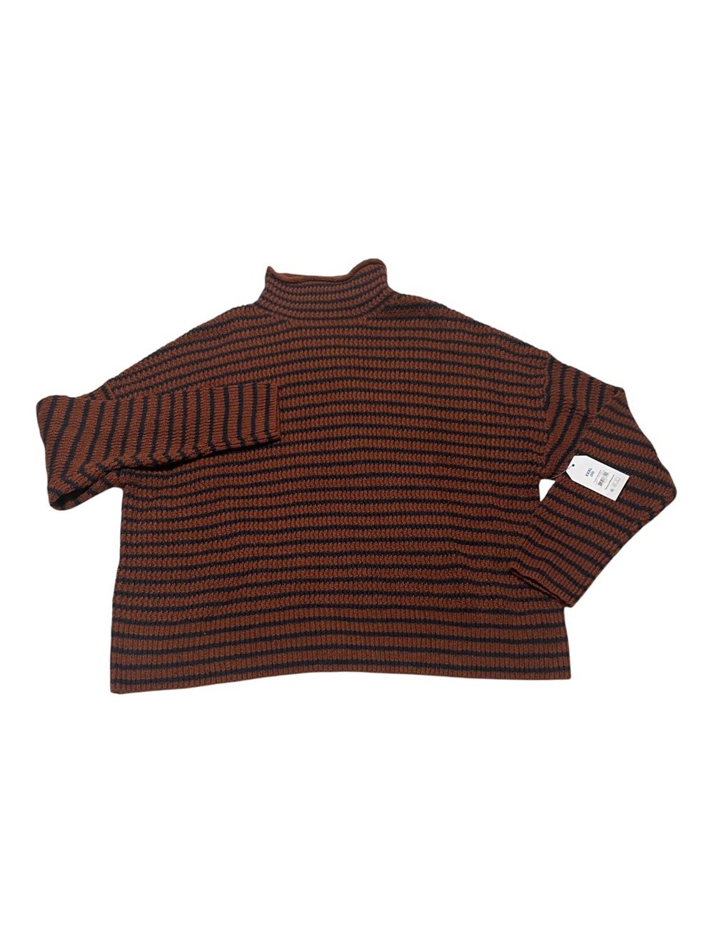 Cotton Blend Striped Mock Neck Sweater in Rust and Black
